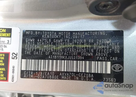 2018 Toyota Camry Se from USA, damaged, VIN 4T1B11HKXJU521394
